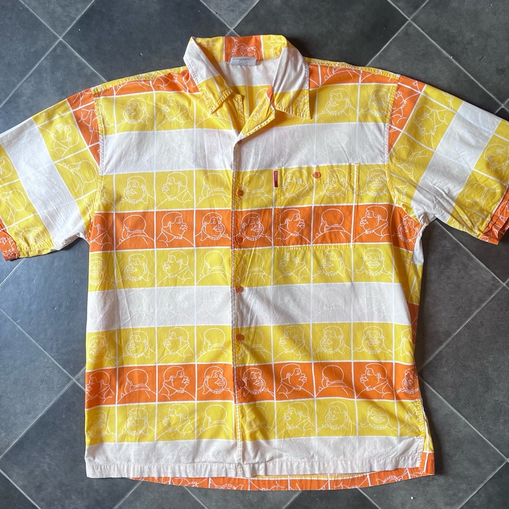 Fubu Men XL Short Sleeve Button Down Shirt Fat Albert All Over Print Y2K Retro